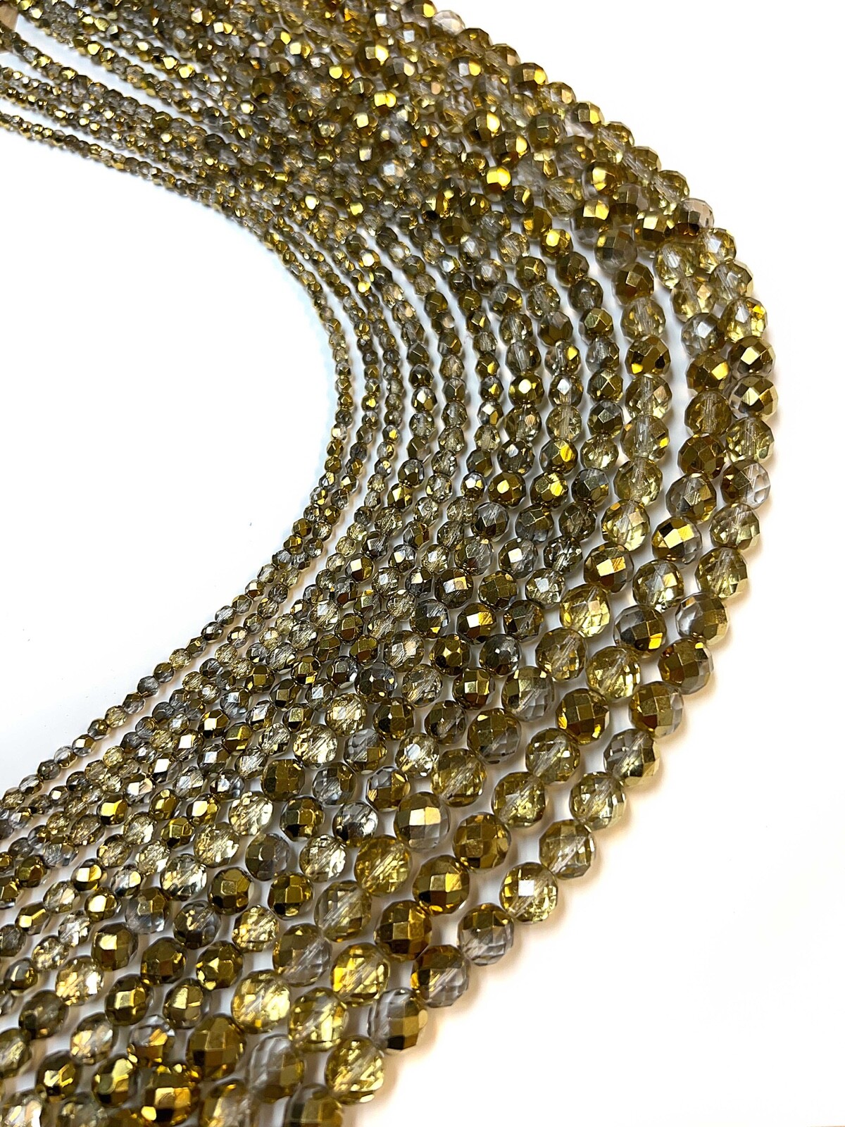 Czech Glass Fire Polished Round Faceted Beads Crystal Amber 2-sided Gold Half