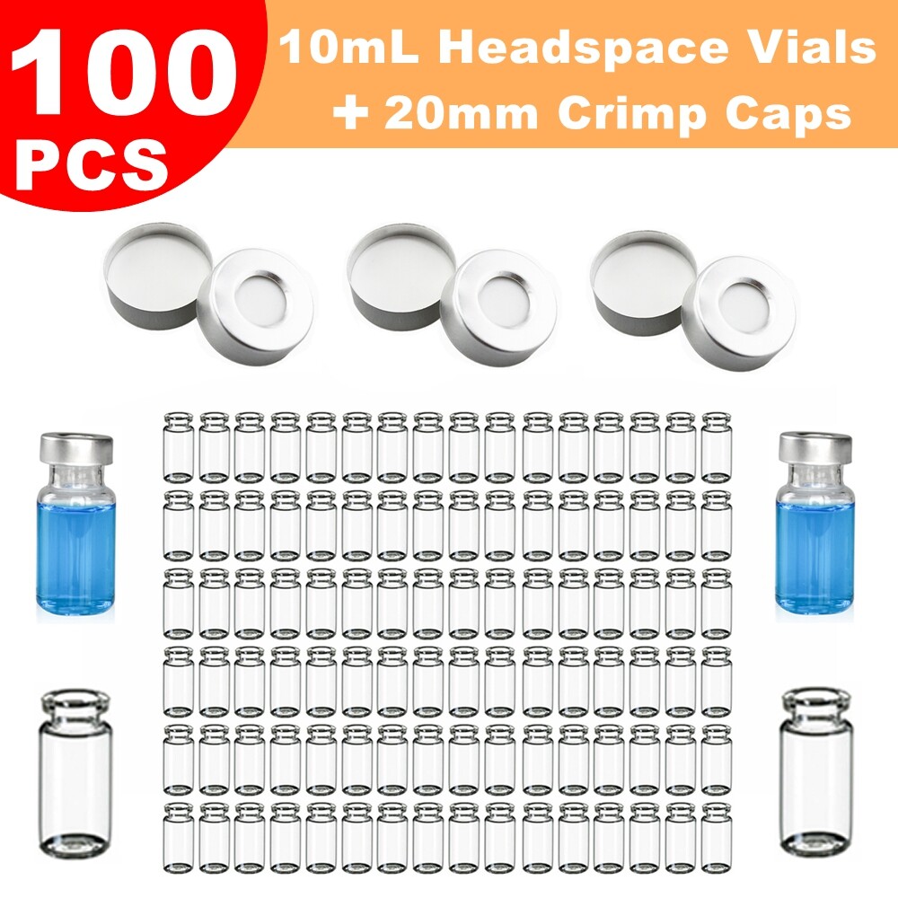 100PCS Lab Sample Vials 10ml Small Glass Bottle Mini Jars+Aluminum Crimp Lid Top