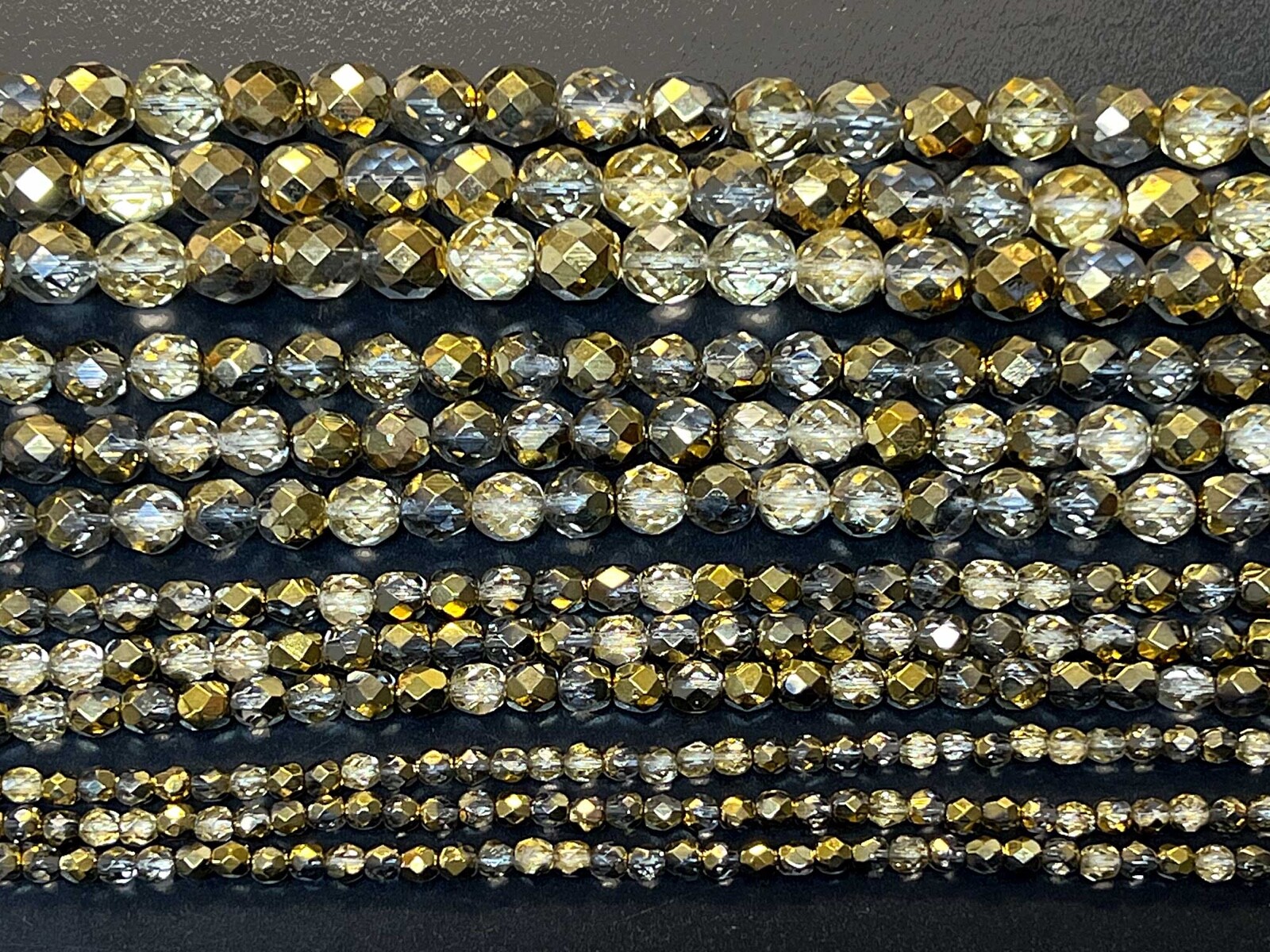 Czech Glass Fire Polished Round Faceted Beads Crystal Amber 2-sided Gold Half