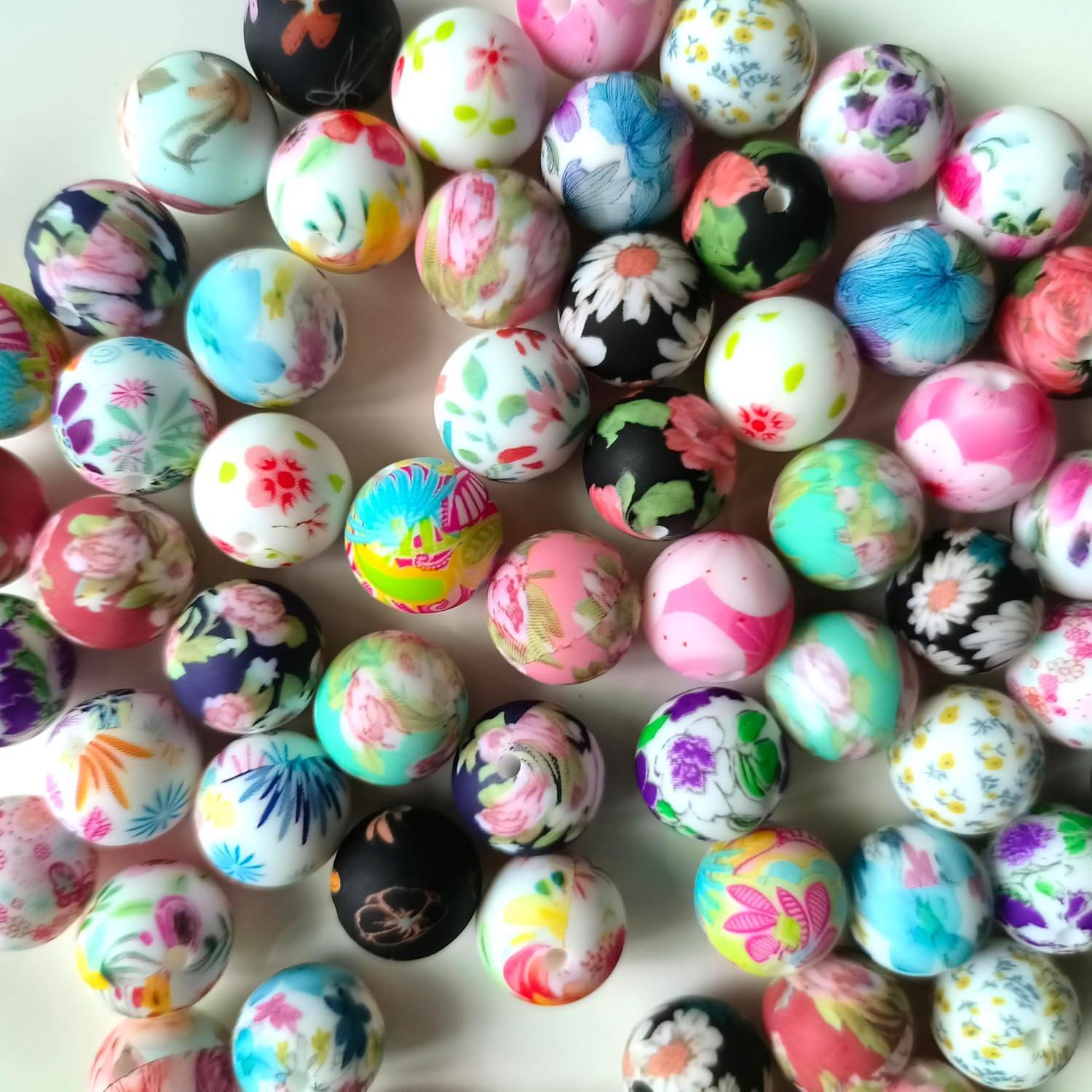 54Pcs Flower Silicone Beads Set 15mm Round Silicone Beads Bulk Floral Print Rubb
