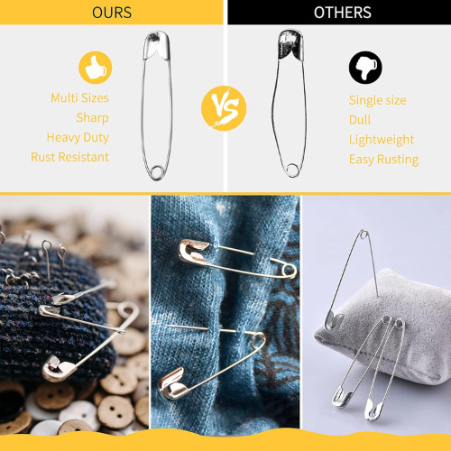 Safety Pins – 150 Pcs Assorted Sizes Silver Pins Bulk – Small & Large Heavy Duty
