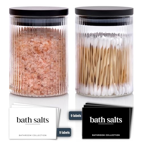 Ribbed Glass Bathroom Jars with Black Bamboo Lids | Cotton Pad / Swab / Q tip