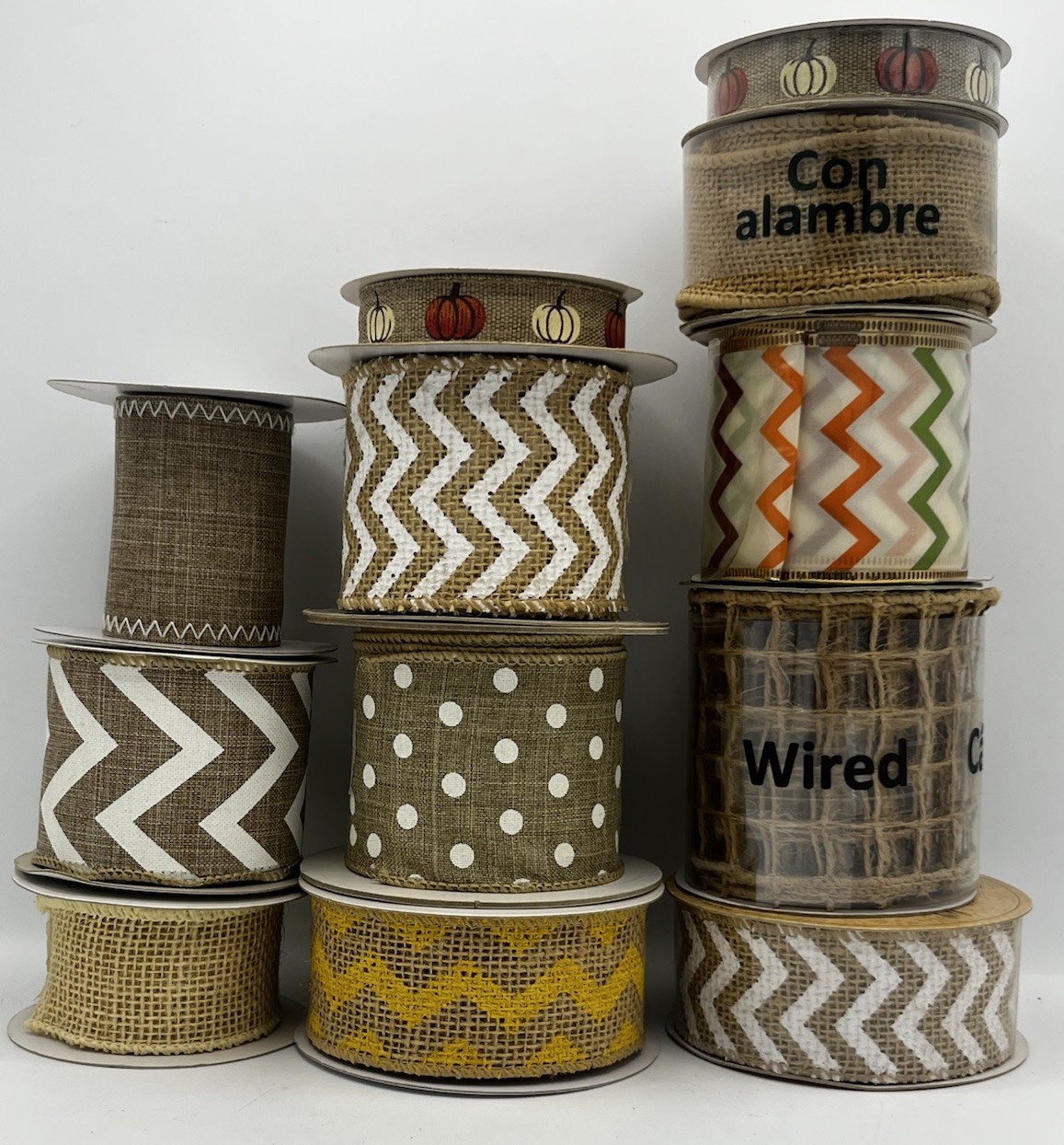 Mixed Lot of 12 Natural & Beige Wired Edged Ribbon For Wreaths Crafts Swags