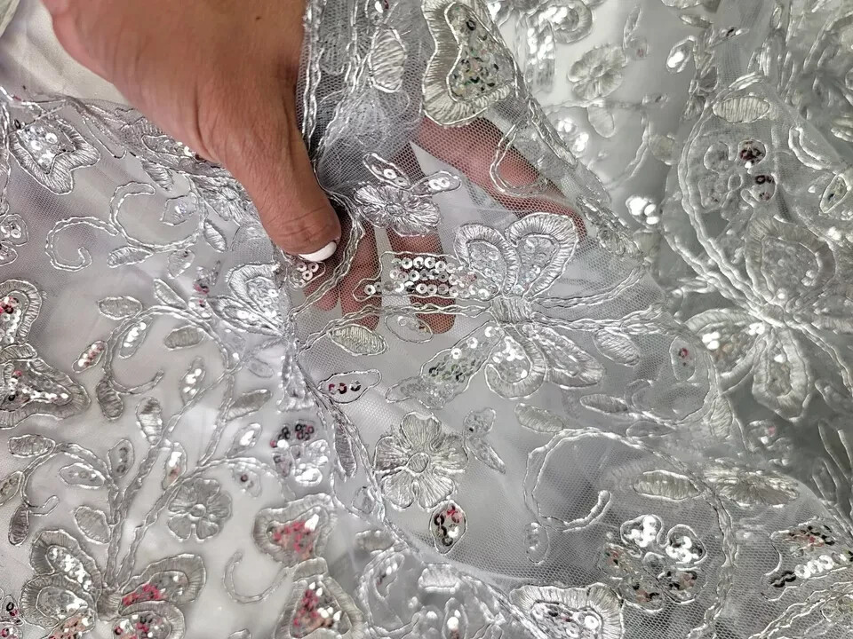 “Silver Sequin and Butterfly Embroidered Lace Fabric – Sold by the Yard