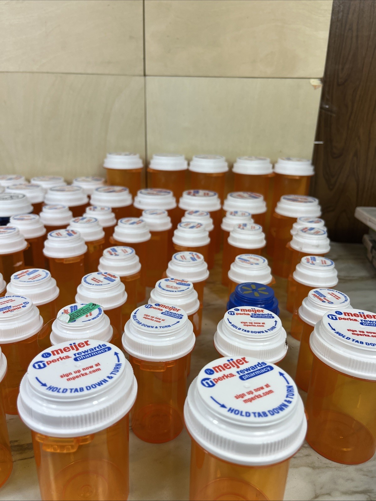 Lot Of 61 Empty medicine Bottles All amber Minus 2 Blue, Various Sizes
