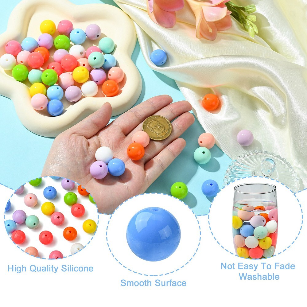 50x Silicone Round Focal Bubblegum Spacer Beads for DIY Lanyard Jewelry Making