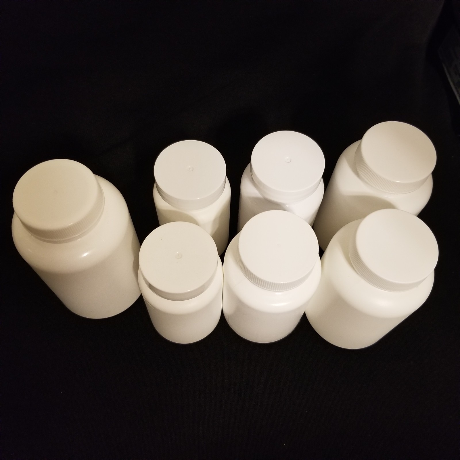 7 White Plastic Bottles w/Lids 4 sizes see Photos/Description Clean Ready to Use