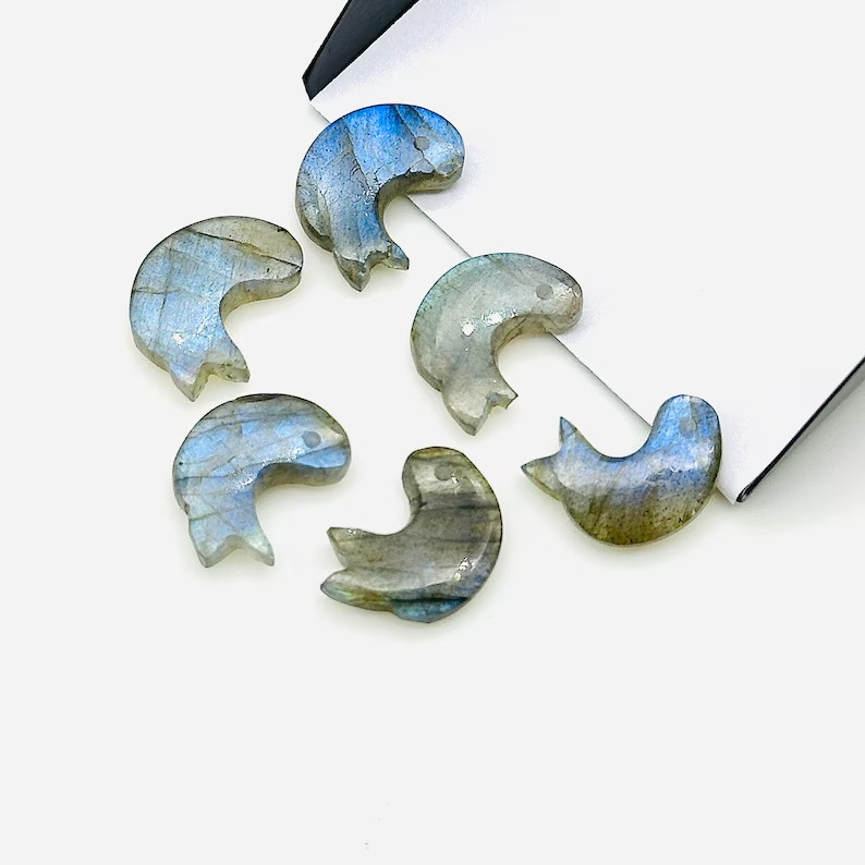 5Pcs Natural Labradorite Dolphin Carving, Hand Carved Dolphin Gemstone, 15 MM,