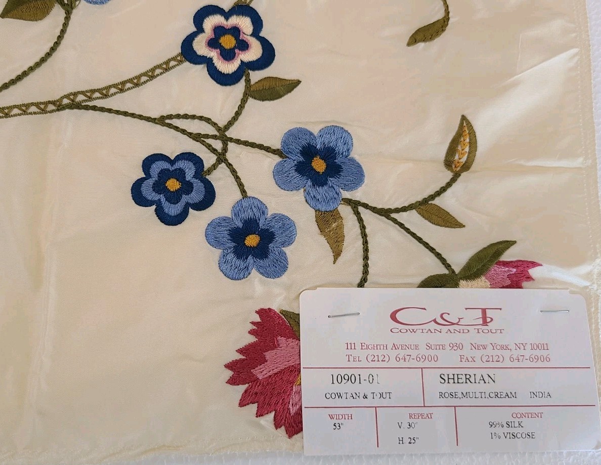 Designer Fabric Silk Samples Floral Butterfly Embroidered Cream Green Rose India