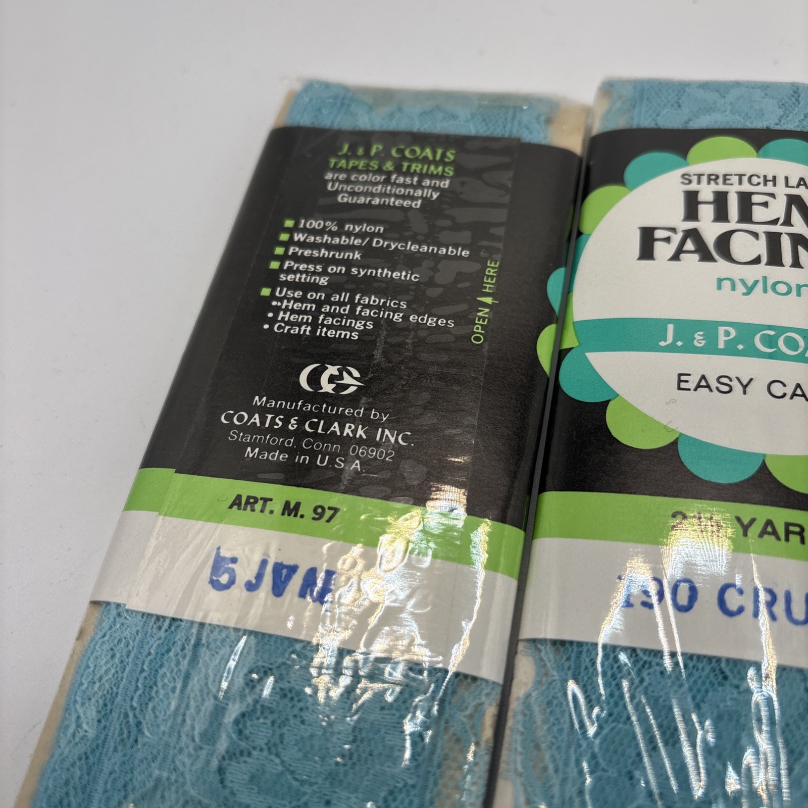 3 Vintage J.P. Coats 2.5 Yards Stretch Lace Hem Facing Cruise Blue W2