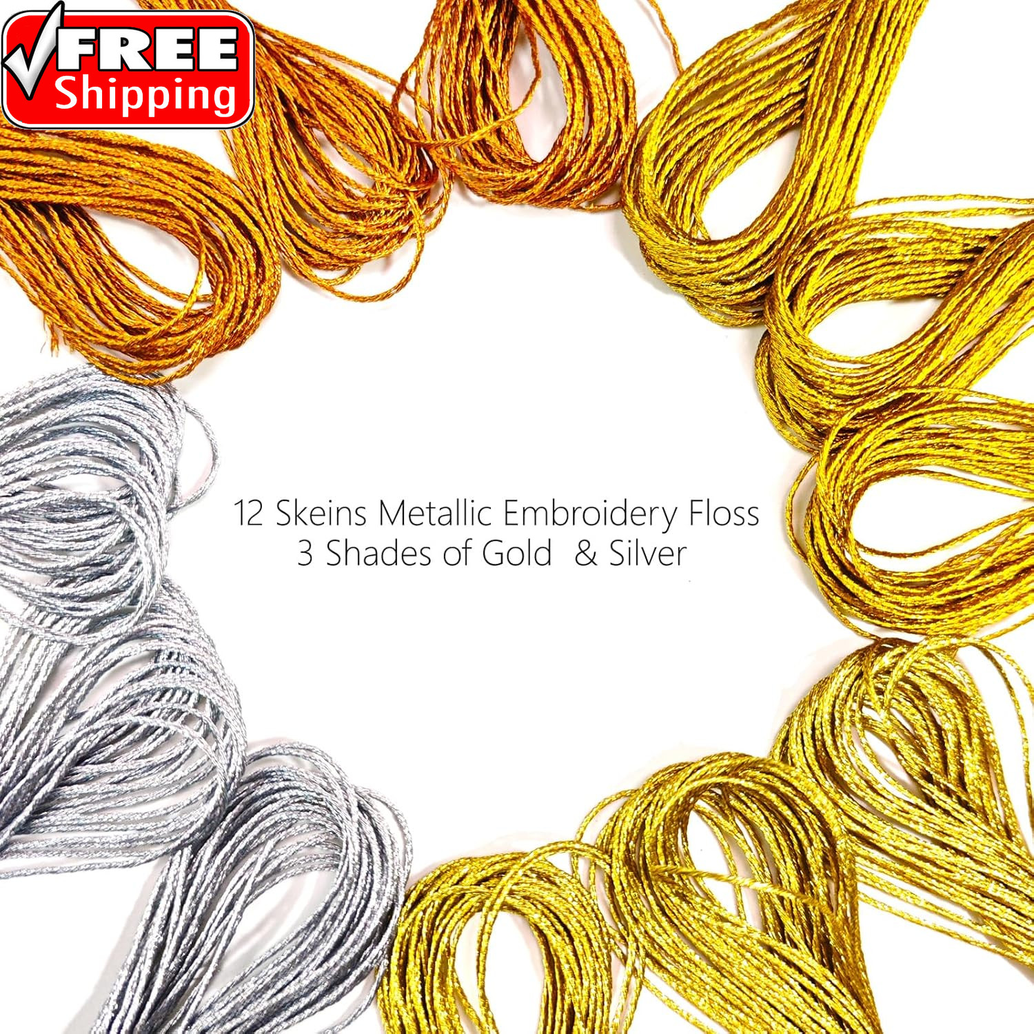 12 Skeins Metallic Embroidery Floss, Gold and Silver Embroidery Thread, Multi-Pu