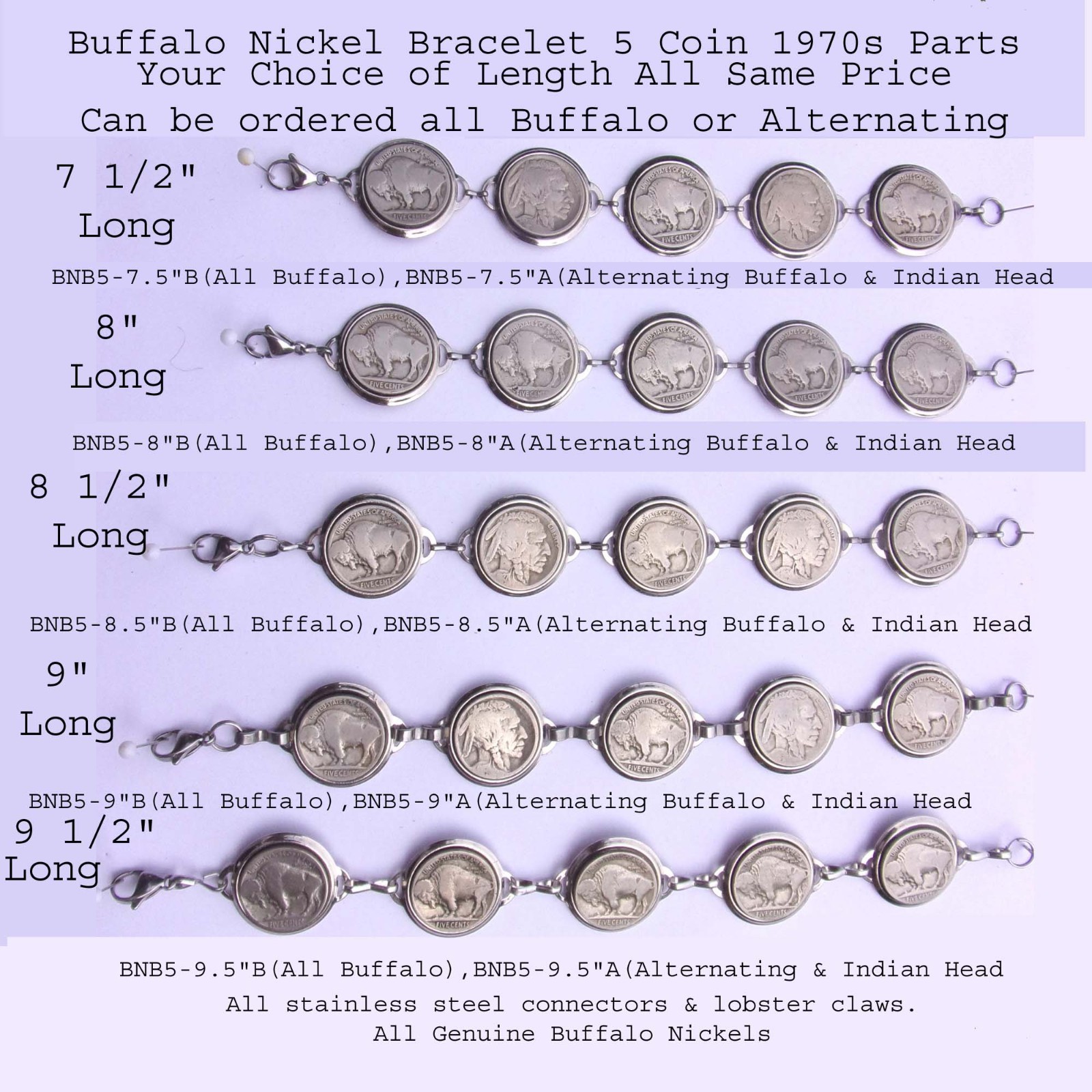 Buffalo Nickel Bracelet 5 Coin,1970s parts,New Old Stock, Available 5 sizes
