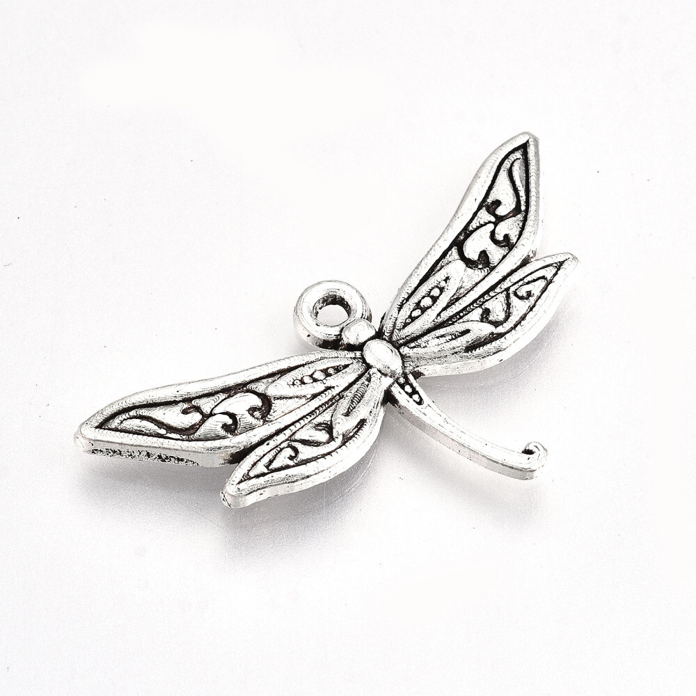 4 Dragonfly Charms Antique Silver Tone Insect Pendants Spring Garden Findings