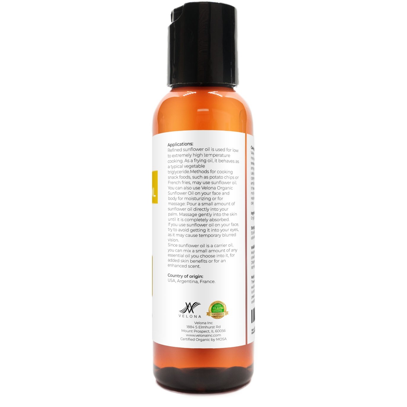 Velona USDA Certified Organic Sunflower Oil – 2 oz 100% Pure High Oleic Refined