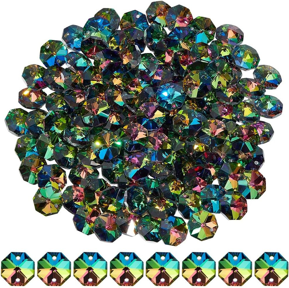 120Pcs Colorful 14Mm Octagonal Crystal Beads 2 Holes Glass Octagon Prism Beads