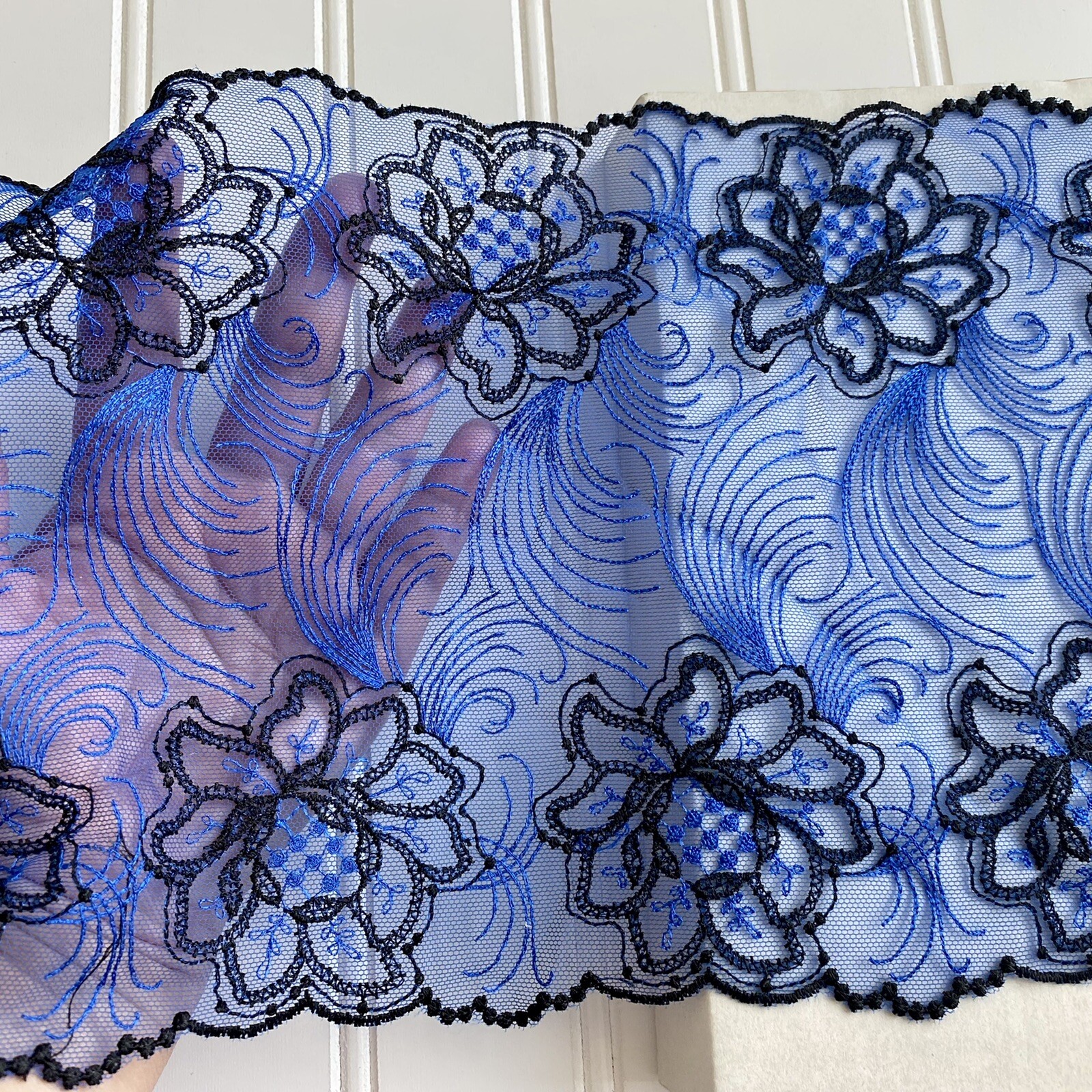 Royal Blue & Black Embroidered Double-edged Lace Trim /Sewing/Crafts/7.5″ Wide