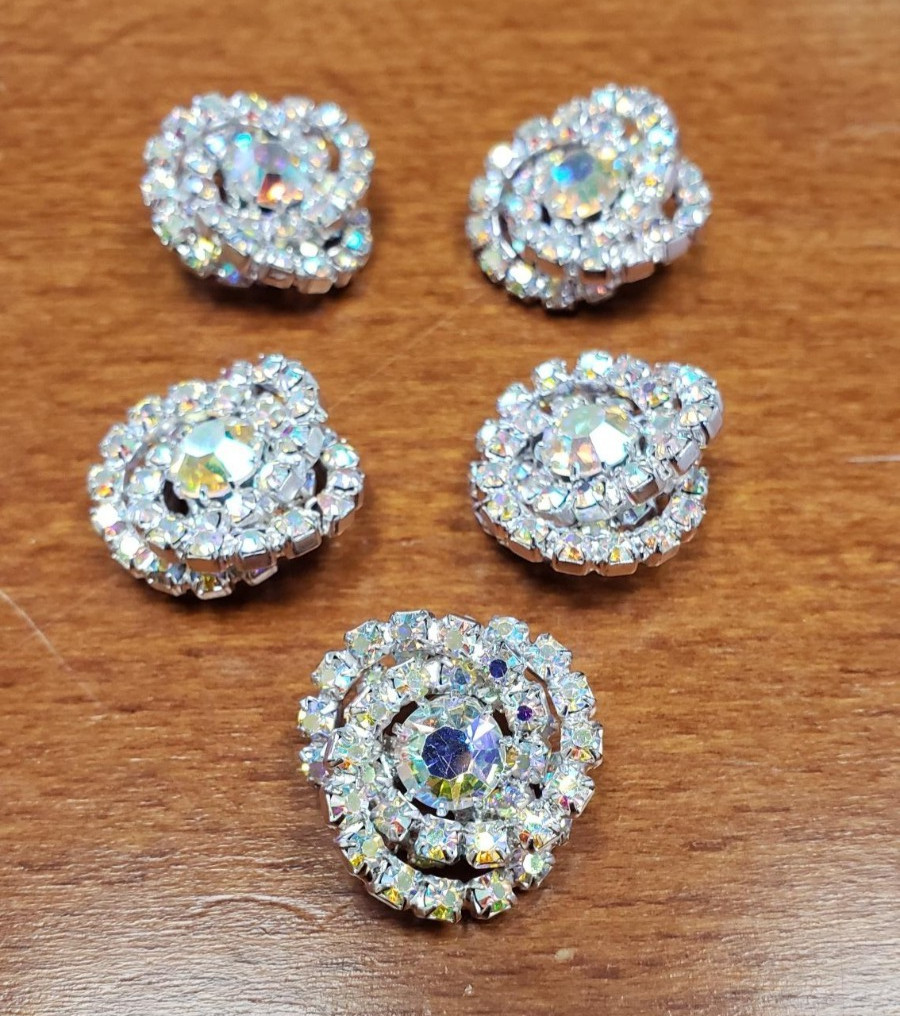 Lot of 5 AB Aurora Borealis Rhinestone Buttons Round Floral Silver Tone Shank