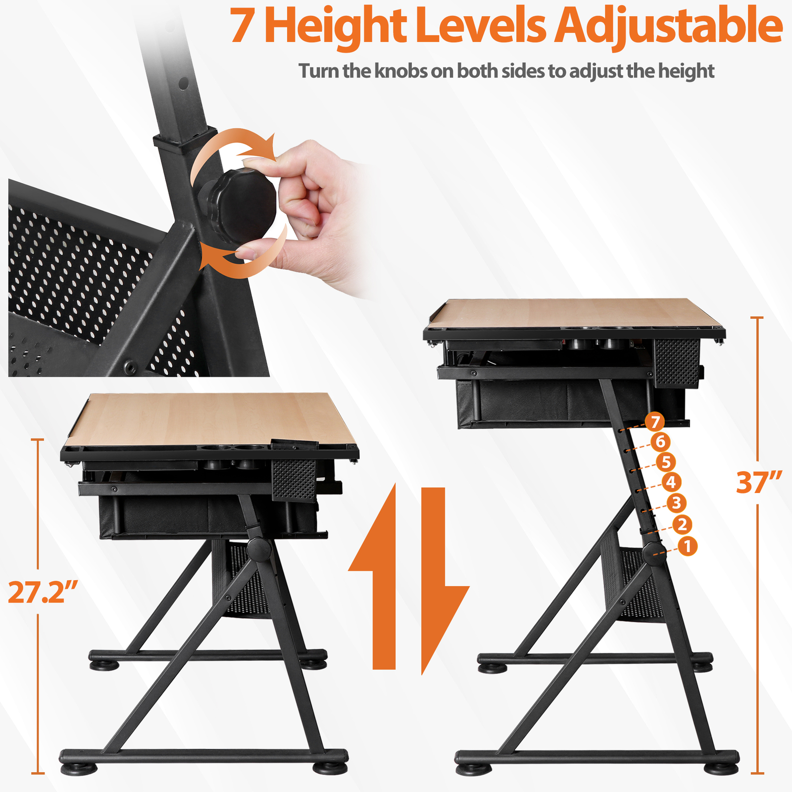 Adjustable Artist Table Tilted Tabletop Drafting Stool & Storage Drawer Natural