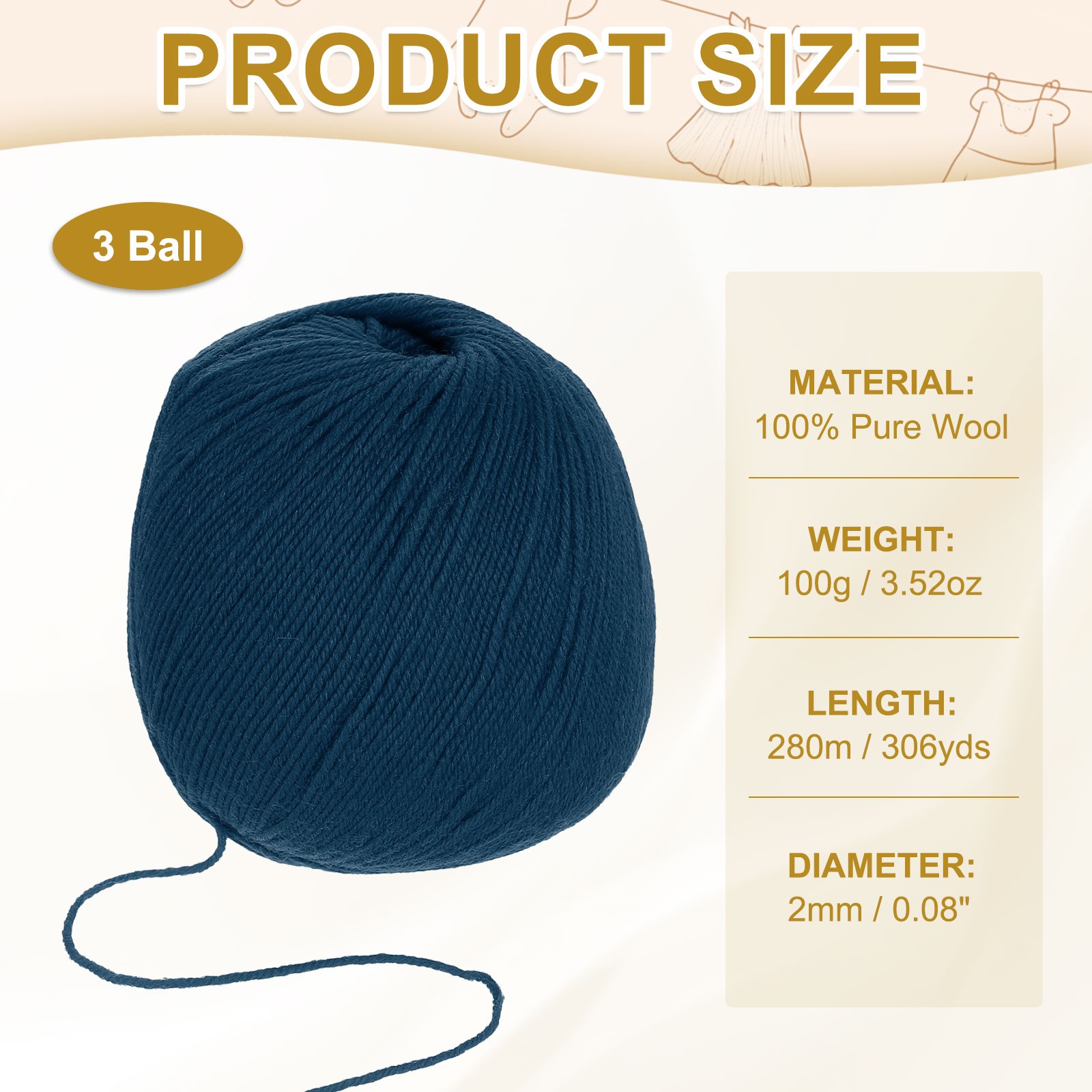 4-Ply 100% Wool Yarn 3.52 OZ, 306 Yds(Dark Blue, 3 Ball)