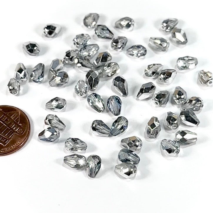 Czech Glass Pear Fire Polished Beads 7x5mm Crystal Half Silver Tear Drops, 50pcs