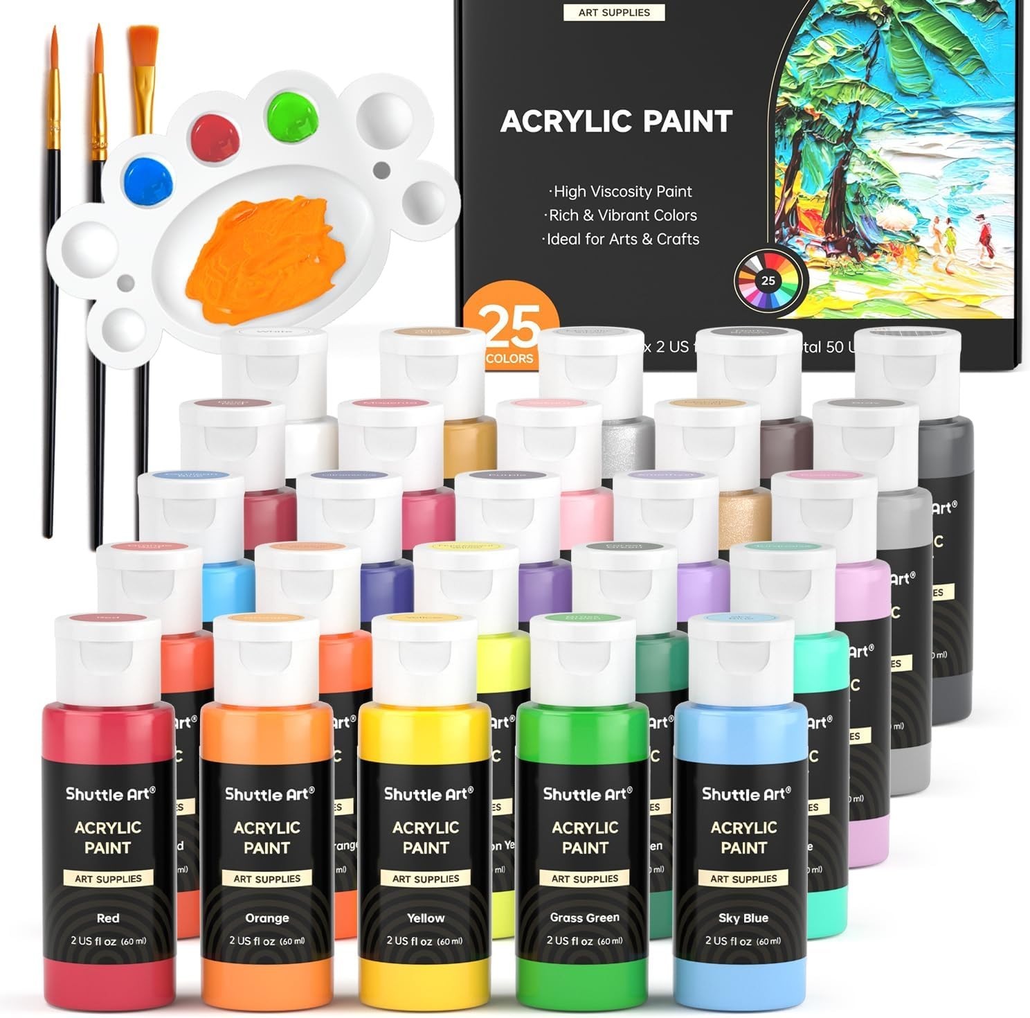 Acrylic Paint, 25 Colors Acrylic Paint Set, 2oz/60ml Bottles, Rich Pigments P…