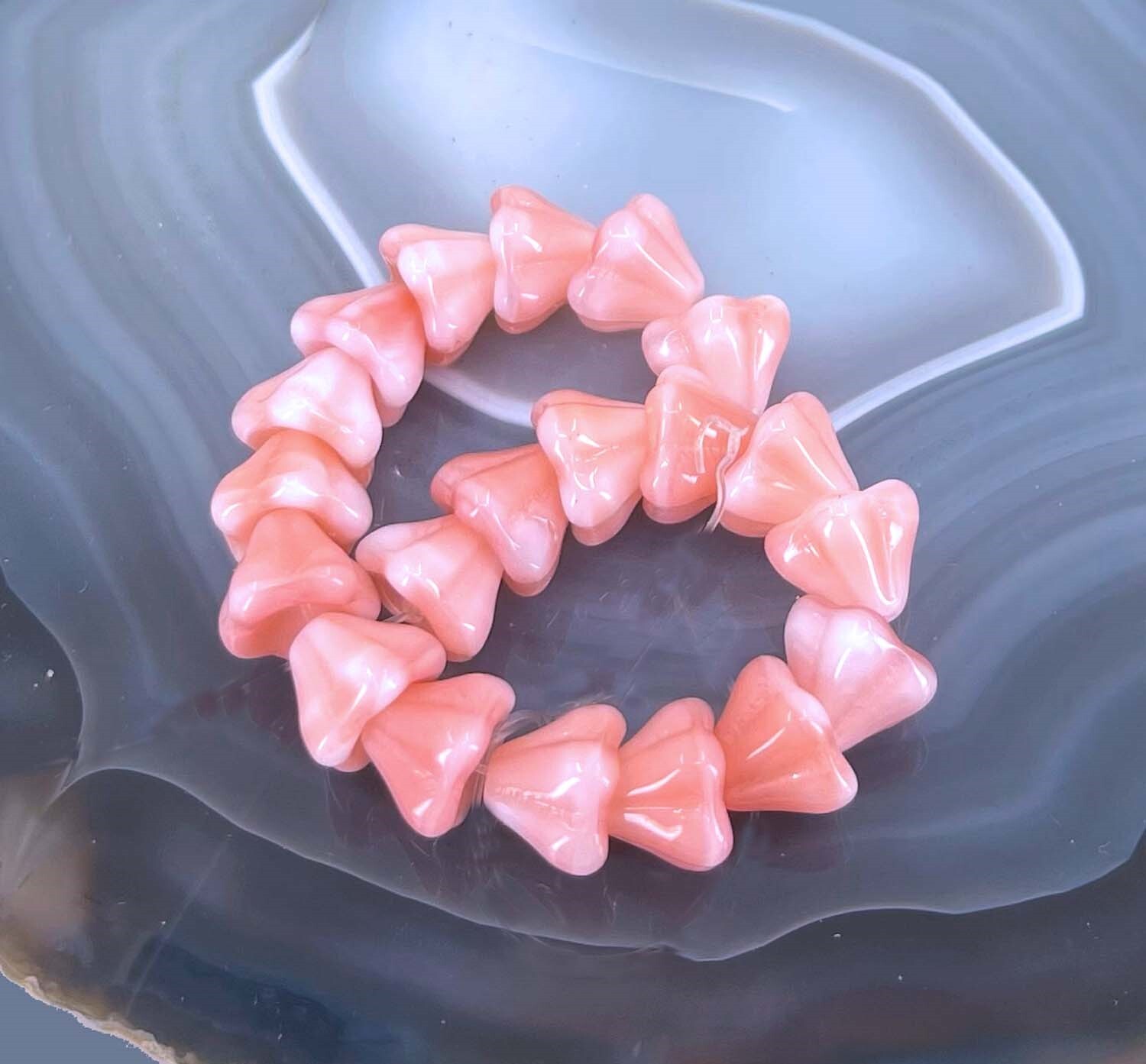 20 Czech Glass Baby Bell Flower Beads – Pink and Cream 8x6mm