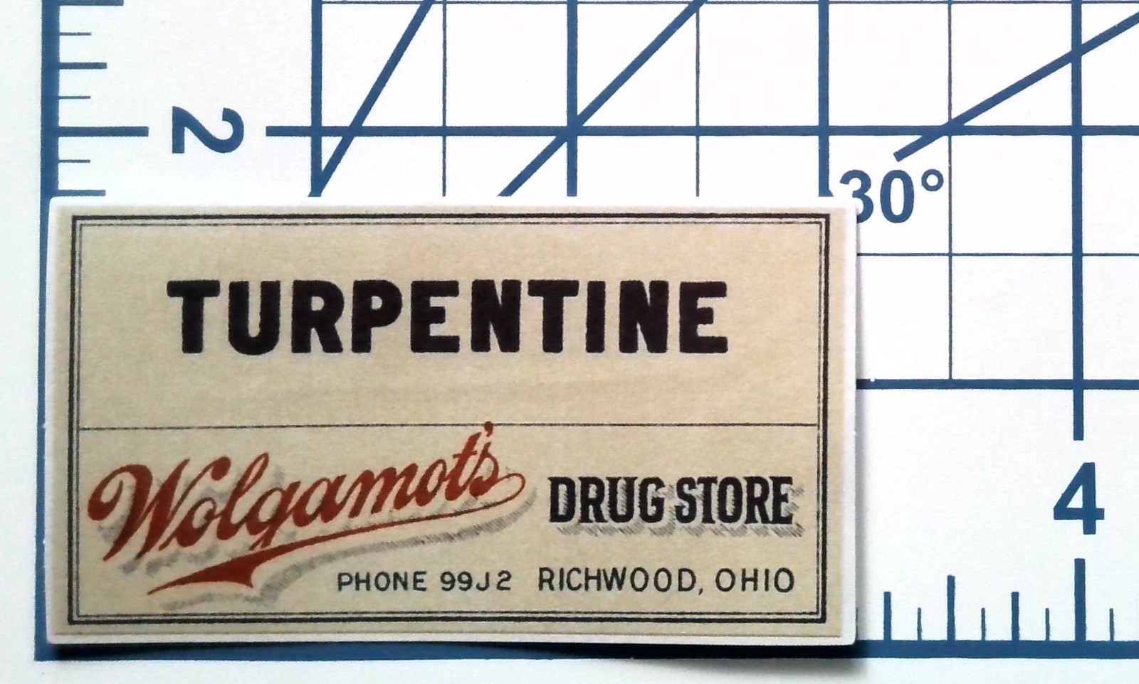 Vintage Turpentine Wolgarnot’s Drug Store Ohio Paper Sticker Decal Die Cut Retro