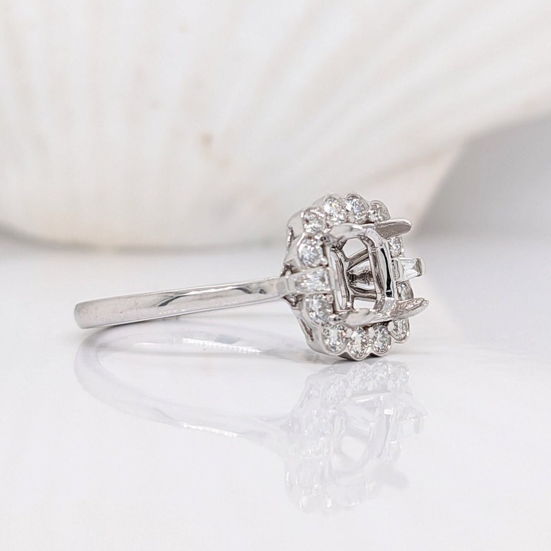 Emerald Cut 7x5mm Semi Mount Ring 925 Sterling Silver Scalloped Halo Women Ring