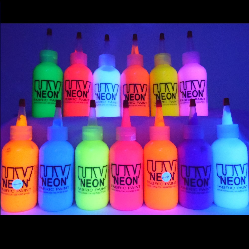 NEON FLUORESCE FABRIC PAINTS SHOES TEE SHIRTS HATS BLACK LIGHT RAVE PARTY
