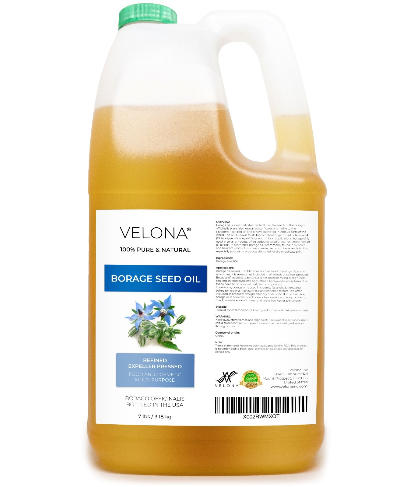 Borage Seed Oil by Velona – 2 Fl Oz – 1 Gal Refined, Expeller pressed, Skin care
