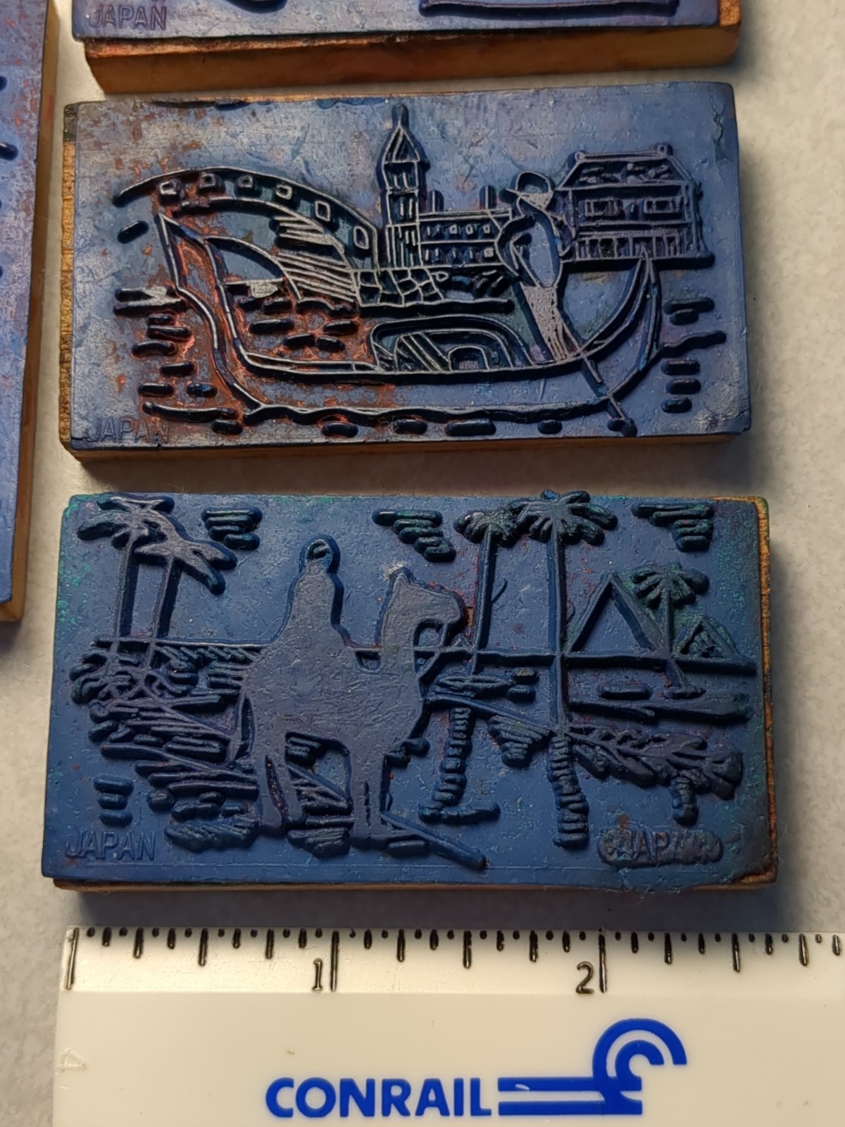 4 Rubber Ink Stamps Snake Charmer, Lady Liberty, Egypt Camel, France Gondola