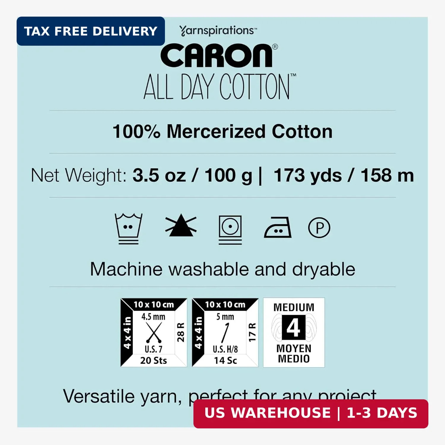 Caron All Day Cotton – 3 Pack of 173 Yards/3.52 oz Eyes Blue 100% Mercerized Cot
