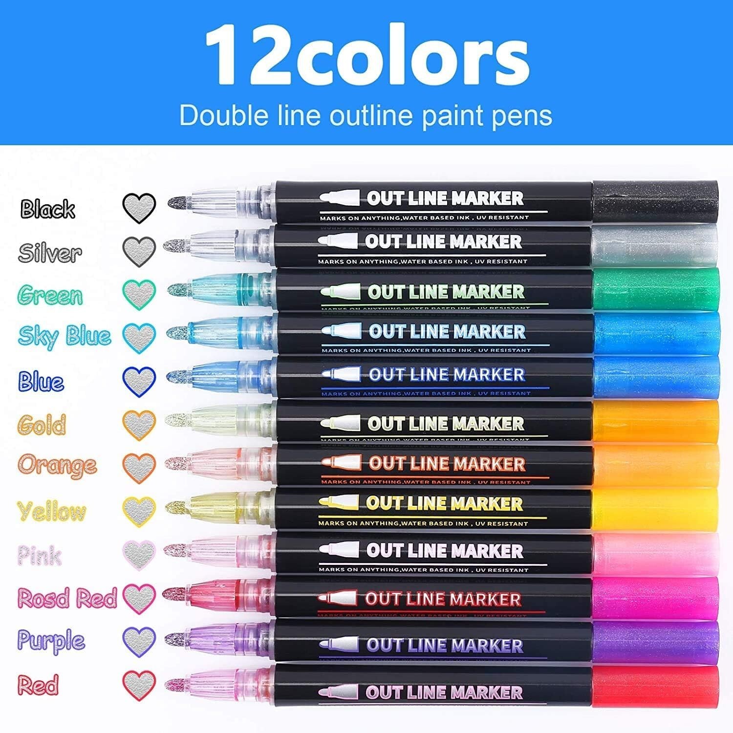 Super Sparkle Markers Double Line Outline Pens, 12 Colors Self Outline Metallic