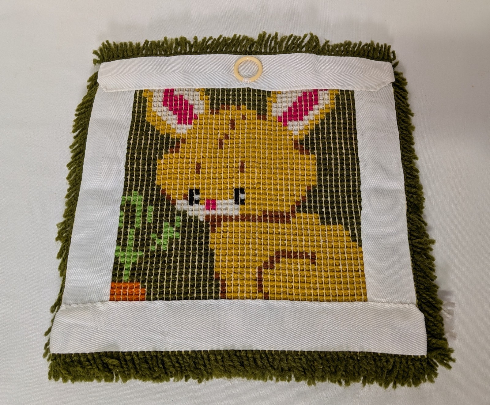 Two Vintage 1980s Latch Hook 12″ Squares – Puppy w/Butterflies & Rabbit w/Carrot