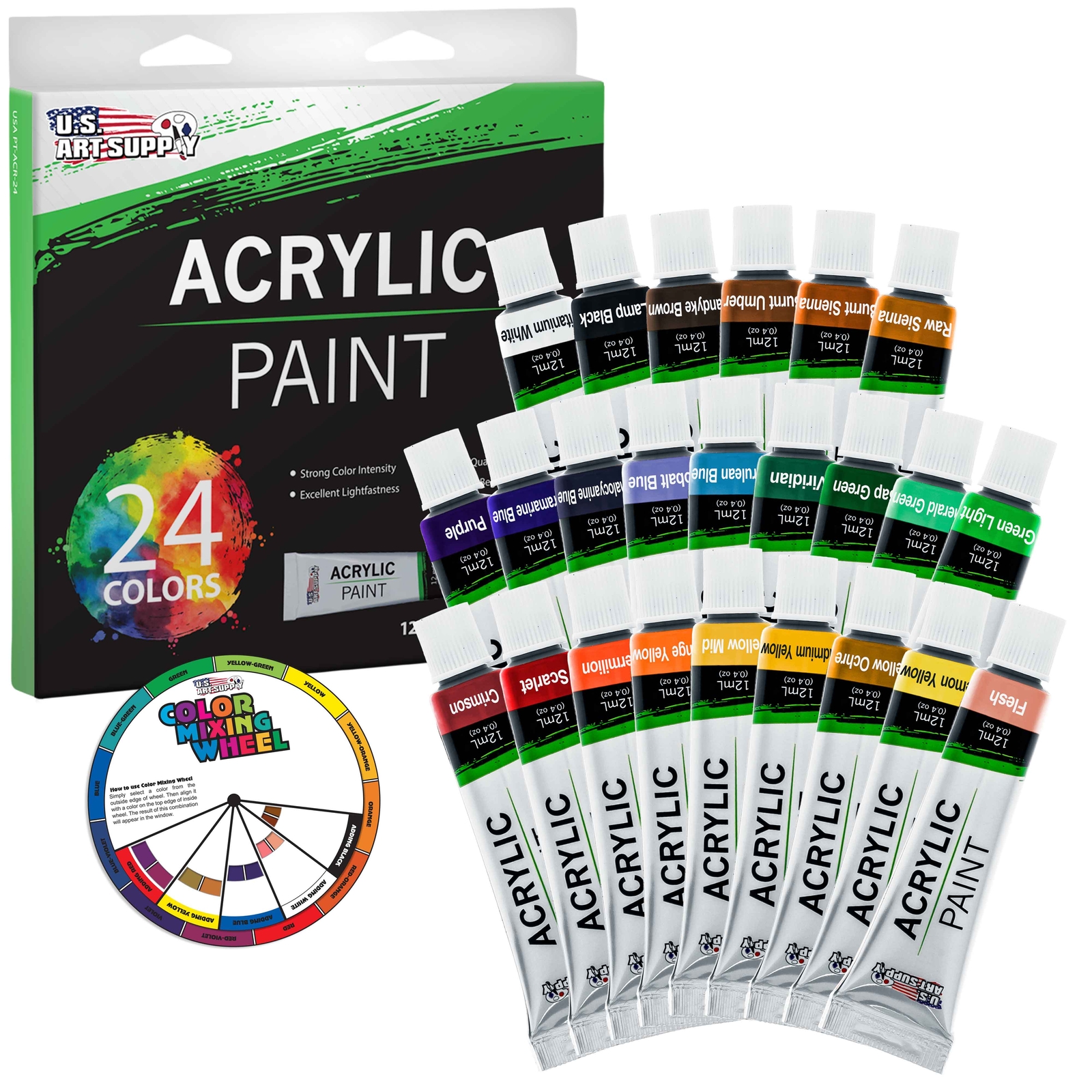 Professional 24 Color Art Acrylic Paint Set, 12ml Tubes, Artist Student Painting