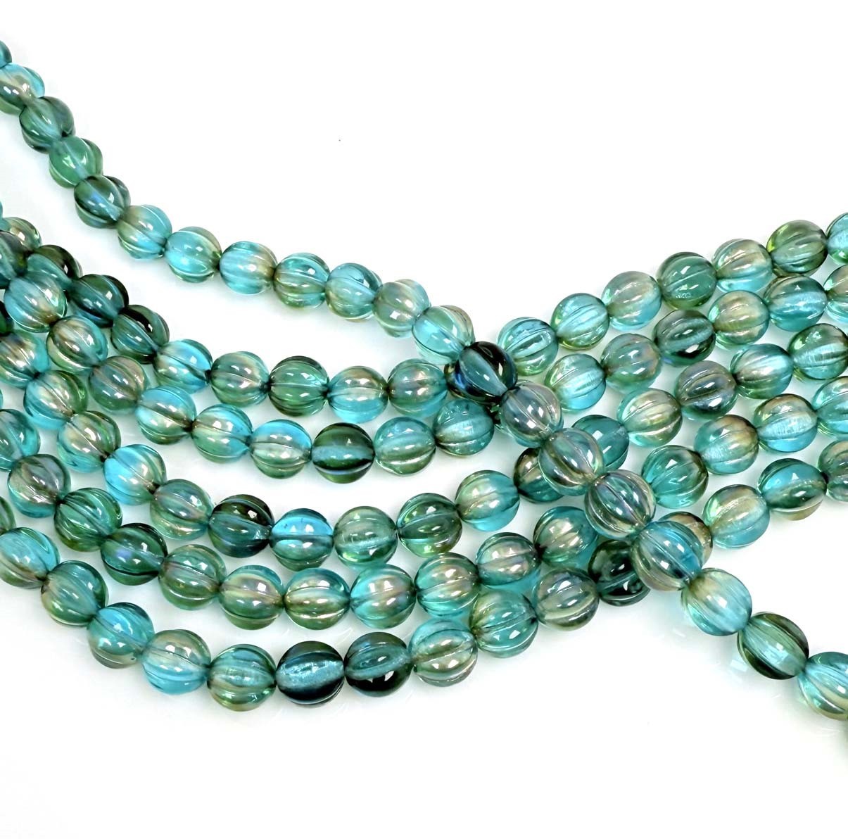 12 Czech Glass Fluted Melon Beads Corrugated – Aquamarine Blue – Celsian 8mm
