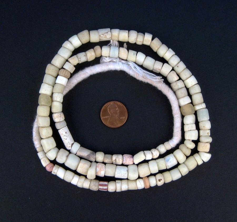 Antique White Green Heart Beads 8mm Ghana African Cylinder Glass Large Hole