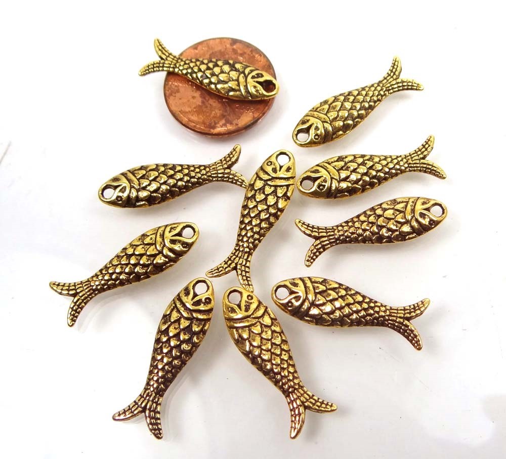 10 Antique Tibetan Style Gold Pewter Fish Bead Charms 24x7mm