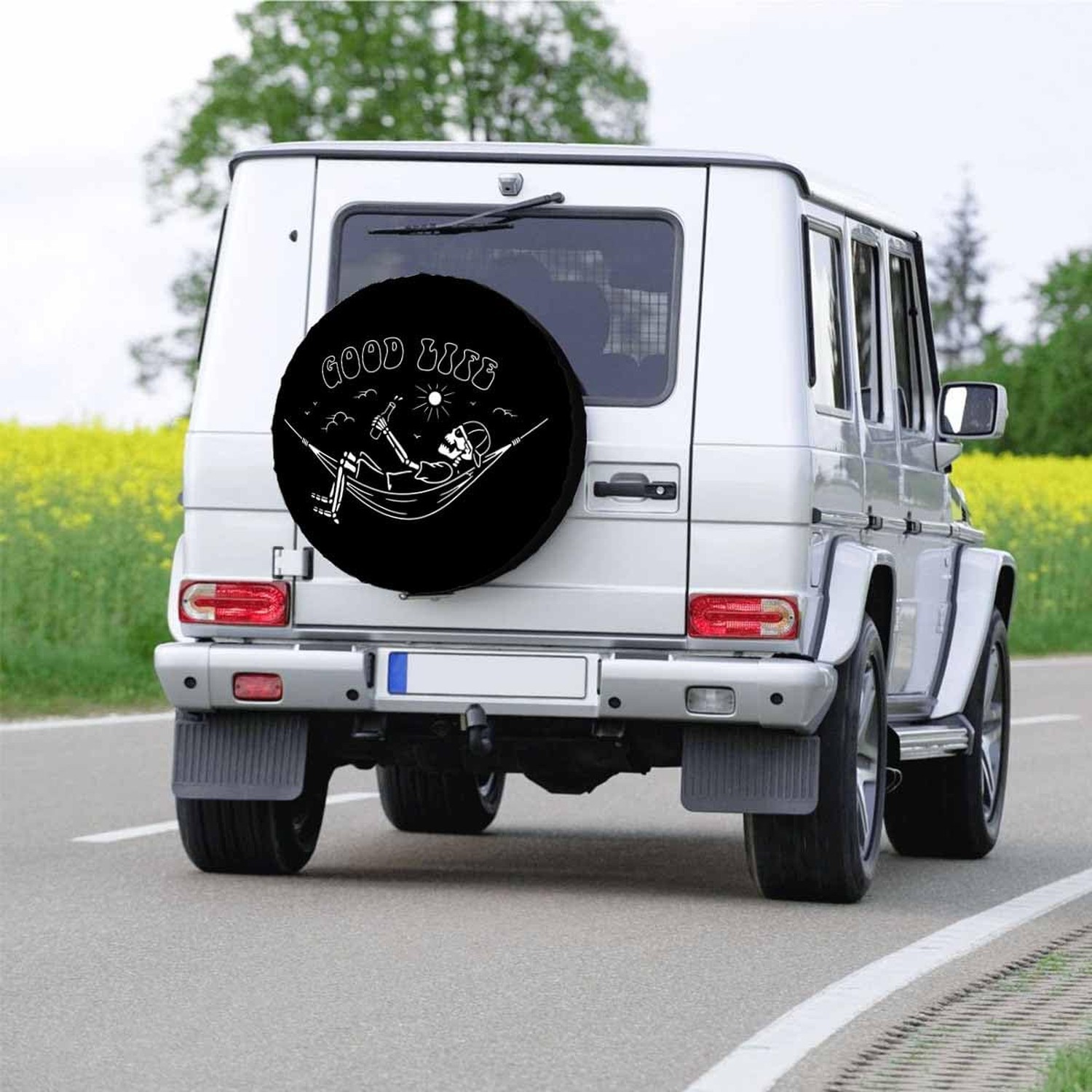 Skeleton in Hammock Spare Tire Cover Beautiful Life White Black Background Wh…