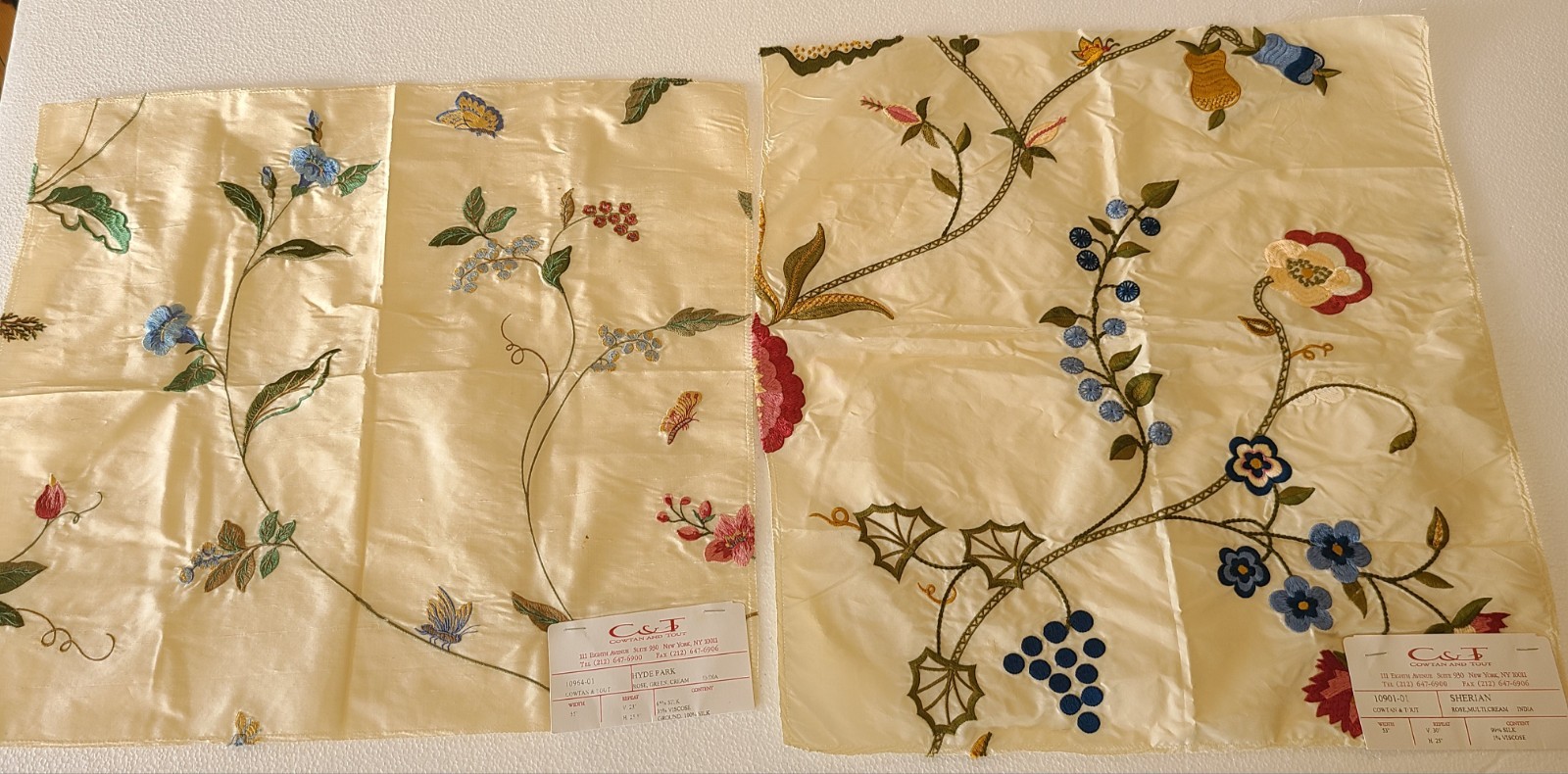 Designer Fabric Silk Samples Floral Butterfly Embroidered Cream Green Rose India