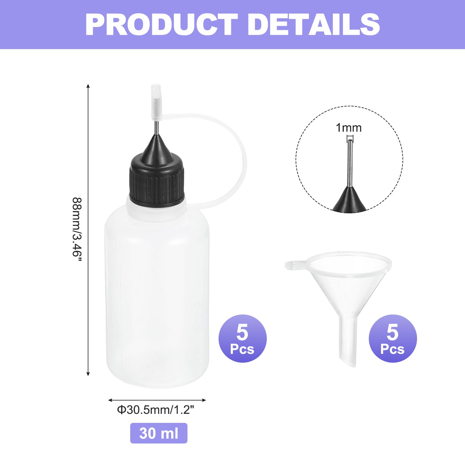 5Pcs Needle Tip Squeeze Bottle,30ml/1oz Glue Tip Bottles(Black,with 5 Funnel)