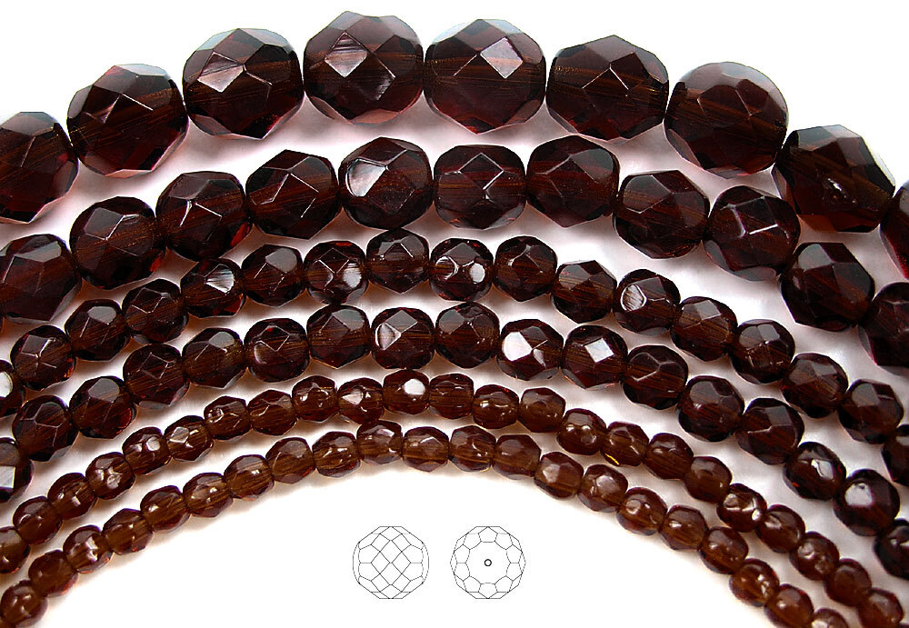 Czech Fire Polished Round Faceted Glass Beads in Dark Topaz, 16” strand, brown