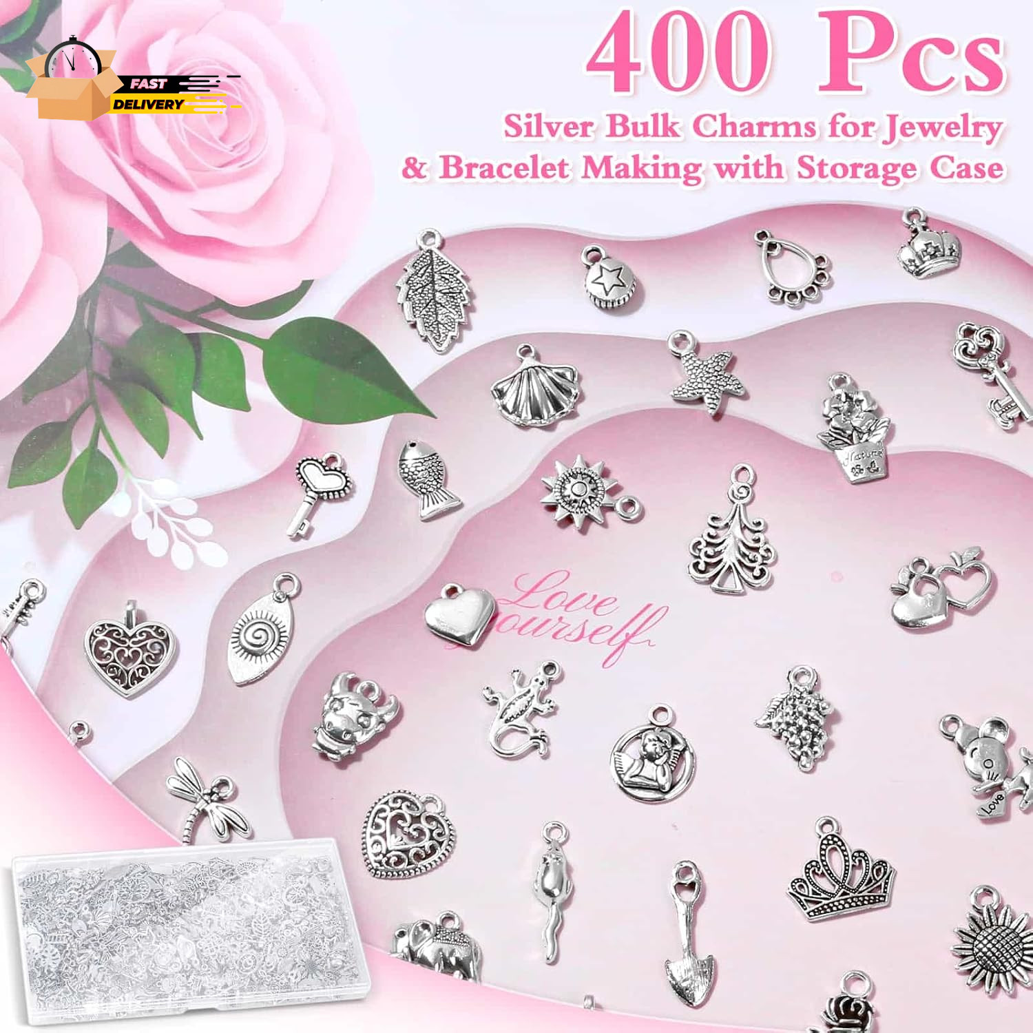 400 Pcs Silver Charms for Jewelry Making, Wholesale Bulk Lots Tiny Assorted Mix