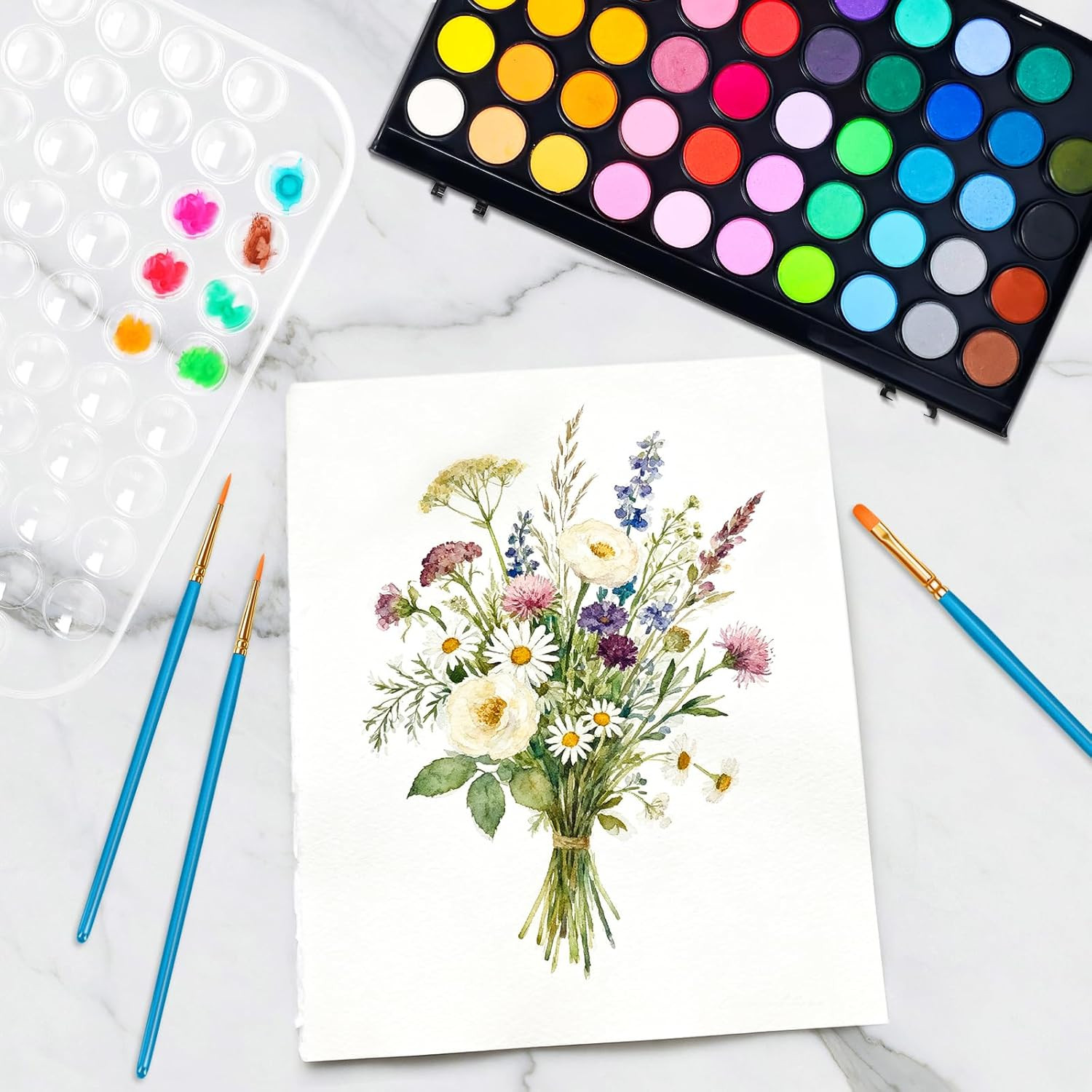 48 Color Solid Watercolor Paint Set with 3 Wooden Brushes – Non-Toxic, Vibrant &