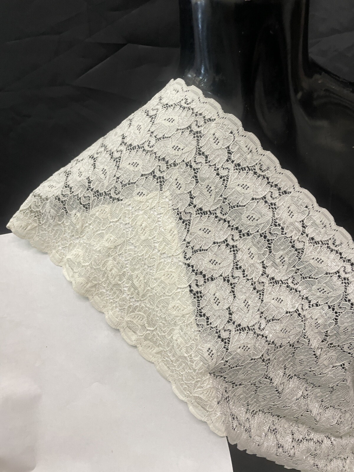 Ivory Doubled scalloped Shiny floral stretch trim lace 8″ w Per Yard sew craft