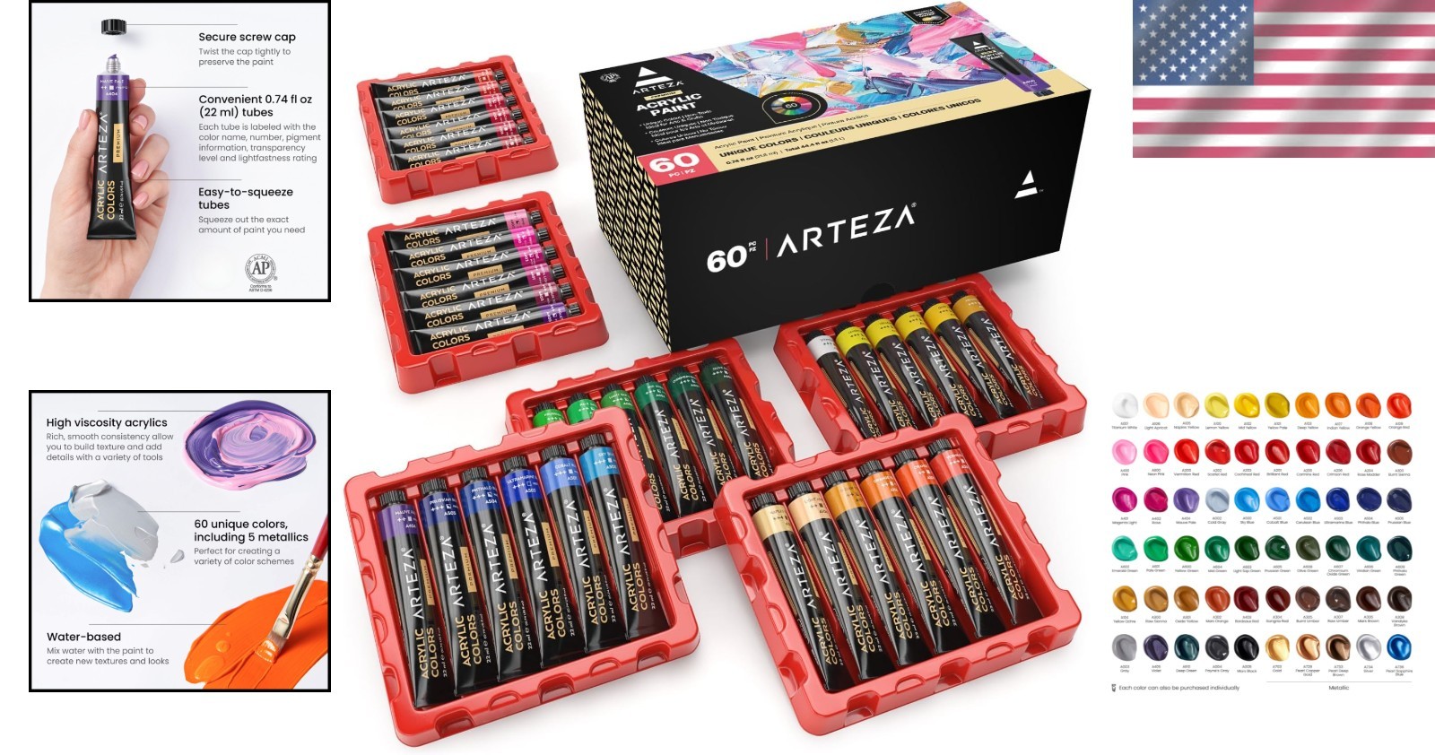 High-Viscosity Acrylic Paints Set with 5 Metallic Colors