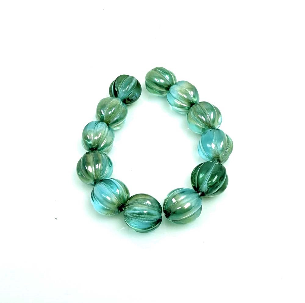 12 Czech Glass Fluted Melon Beads Corrugated – Aquamarine Blue – Celsian 8mm