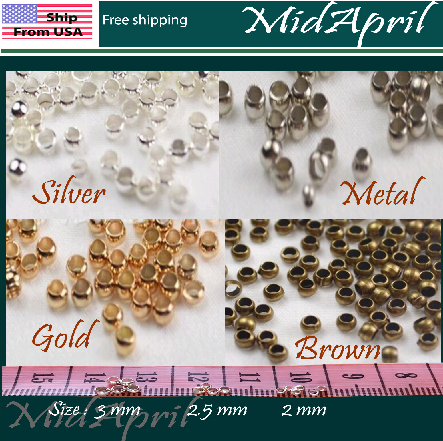 Crimp End Beads ROUND Silver/Gold/Bronze/Metal Plated 2 , 2.5 , 3 mm US SELLER