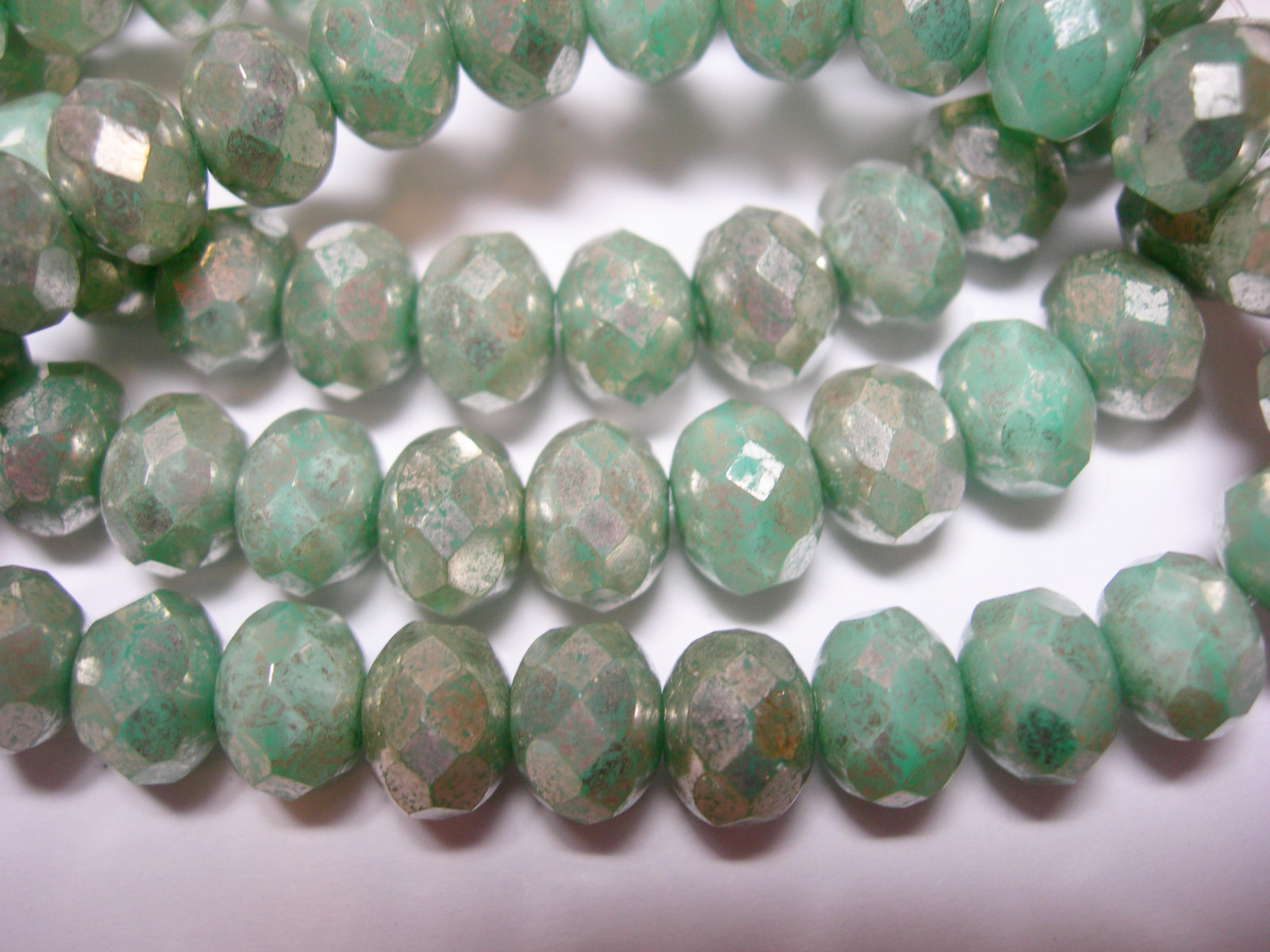 25 beads – 8x6mm Mint Green with Silver Wash Czech Firepolished Rondelle beads