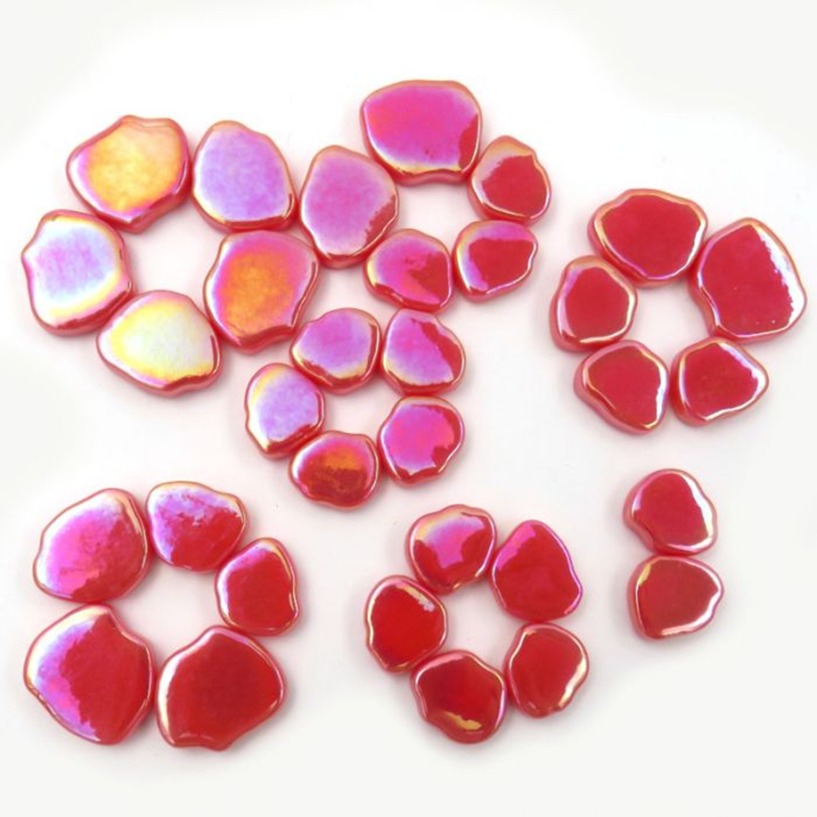 25 Tiles Iridescent Watermelon Red Petal Flower Shapes Glass Mosaic Tile Pieces